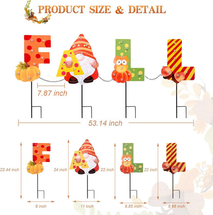 WONDER GARDEN Fall Yard Stakes Yard Signs, 4 Pack Metal Thanksgiving Lighted Garden Stakes, Gnome Sign with LED Lights for Harvest,Outdoor, Lawn,Farmhouse Decorations