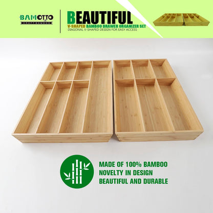 V-Shaped Extra Large Bamboo Drawer Organizer Set of 2, Kitchen Cutlery Tray Utensil Plate, Flatware&Silverware Storage Box, Wood Organizer for Bedroom, Living Room (19.6"x14.6" & 19.6"x12.4")