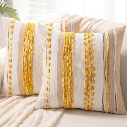 Boho Throw Pillow Covers 18x18 Set of 2 Farmhouse Decorative Cushion Case Striped Square Pillows Cover Chenille Pillow Cases Accent Neutral Pillowcase for Sofa Couch Bed,Yellow