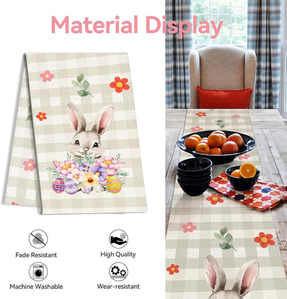 Easter Table Runner 13x72 Inch Bunny Rabbit Flowers Leaves Buffalo Plaid Eggs Seasonal Holiday Kitchen Dining Table Decoration for Indoor Kitchen Dining Home Party Decor