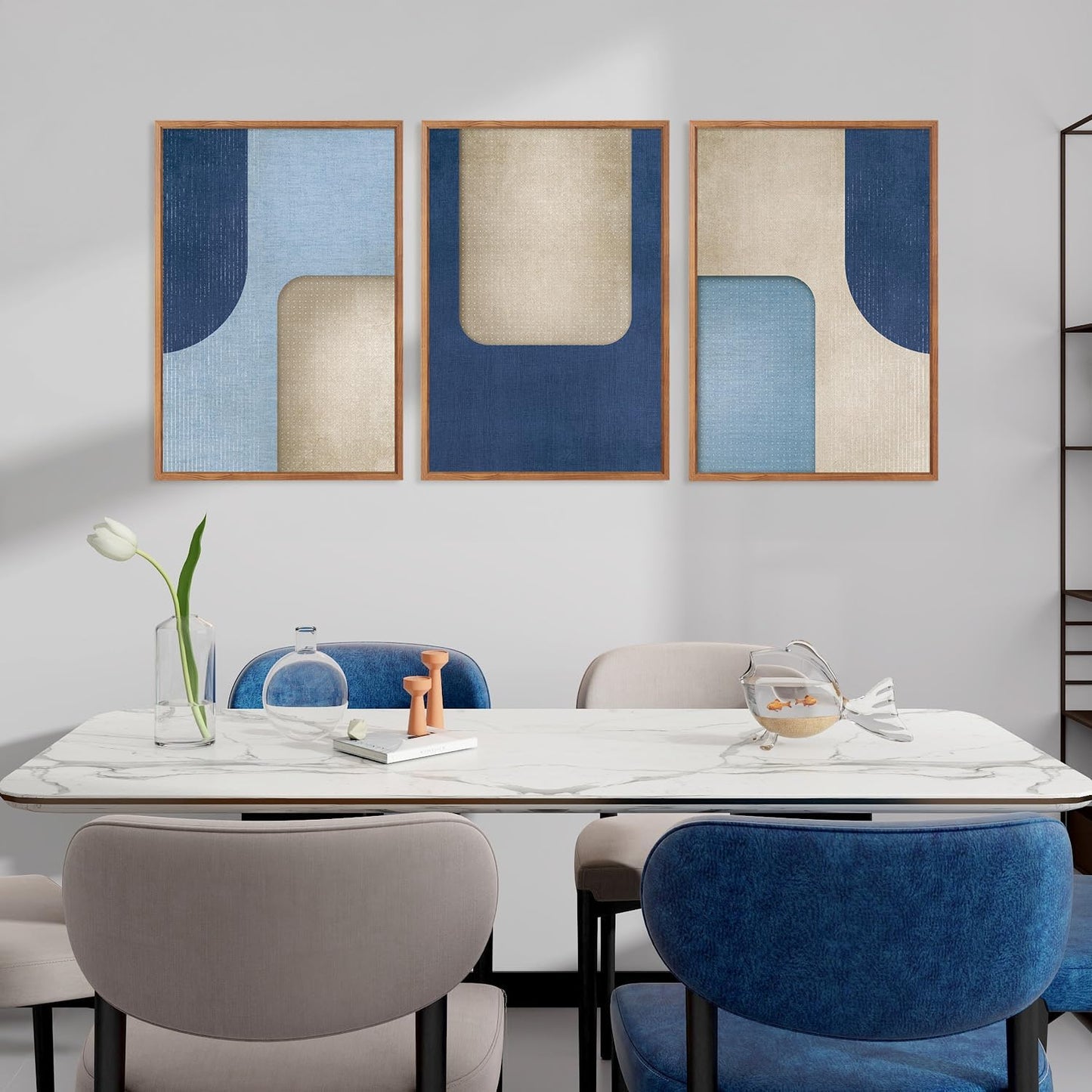 KAIRNE Blue Modern Abstract Canvas Wall Art,Neutral Prints Set of 3(16”X24”),Simple Design Wall Decor,Boho Minimalist Paintings,Blue and White Geometry Pictures for Living Room Bedroom Office Decor