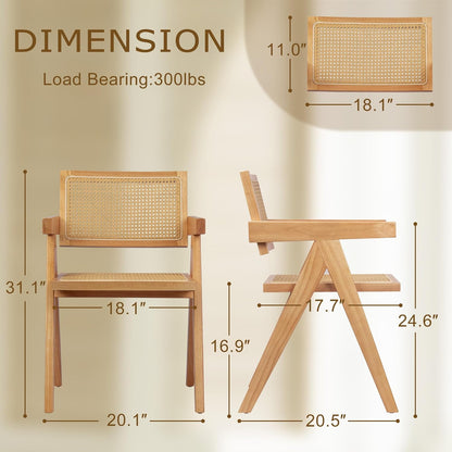 Cane Dining Room Chairs Set of 6, Modern Wood Kitchen Chairs with Arms, Light Malnut