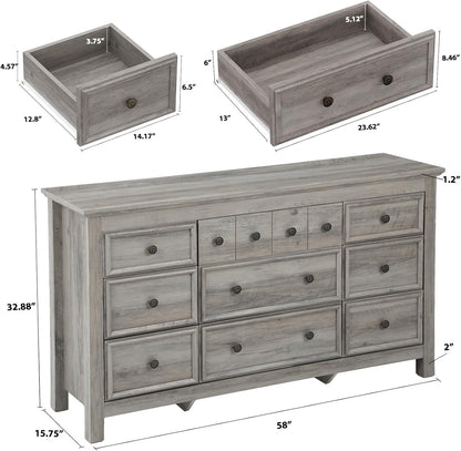 LGHM Large 9 Drawers Dresser, Long Dressers for Bedroom, Chests of Drawers TV Stands, Sturdy and Stable Storage Organizer - Thick Support Legs Design, 6" Deep Drawer for Living Room, Hallway, Gray