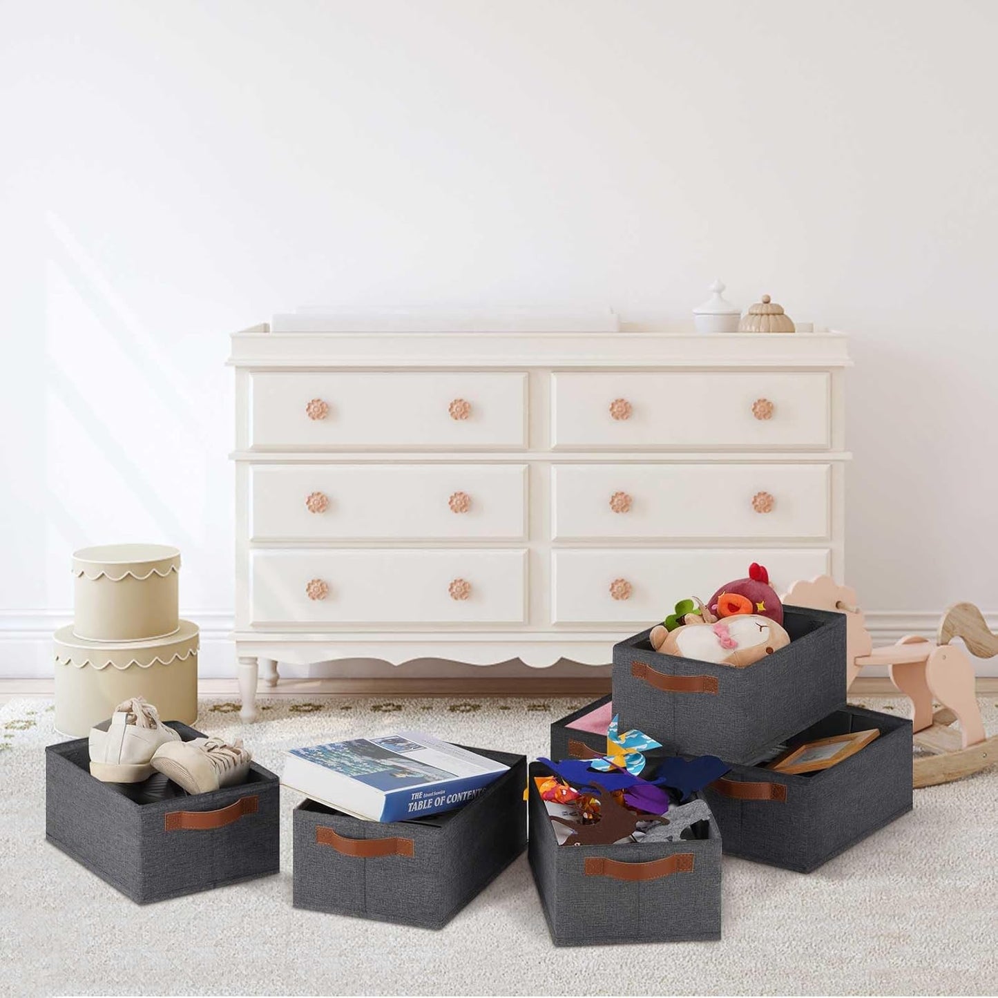 GhvyenntteS Small Fabric Storage Bins 12 Pack, 11.8" x 7.87" x 5.11" Storage Basket with Leather Handles, Closet Storage Bins for Shelves, Storage Baskets for Shelves, DVD Storage (Grey)