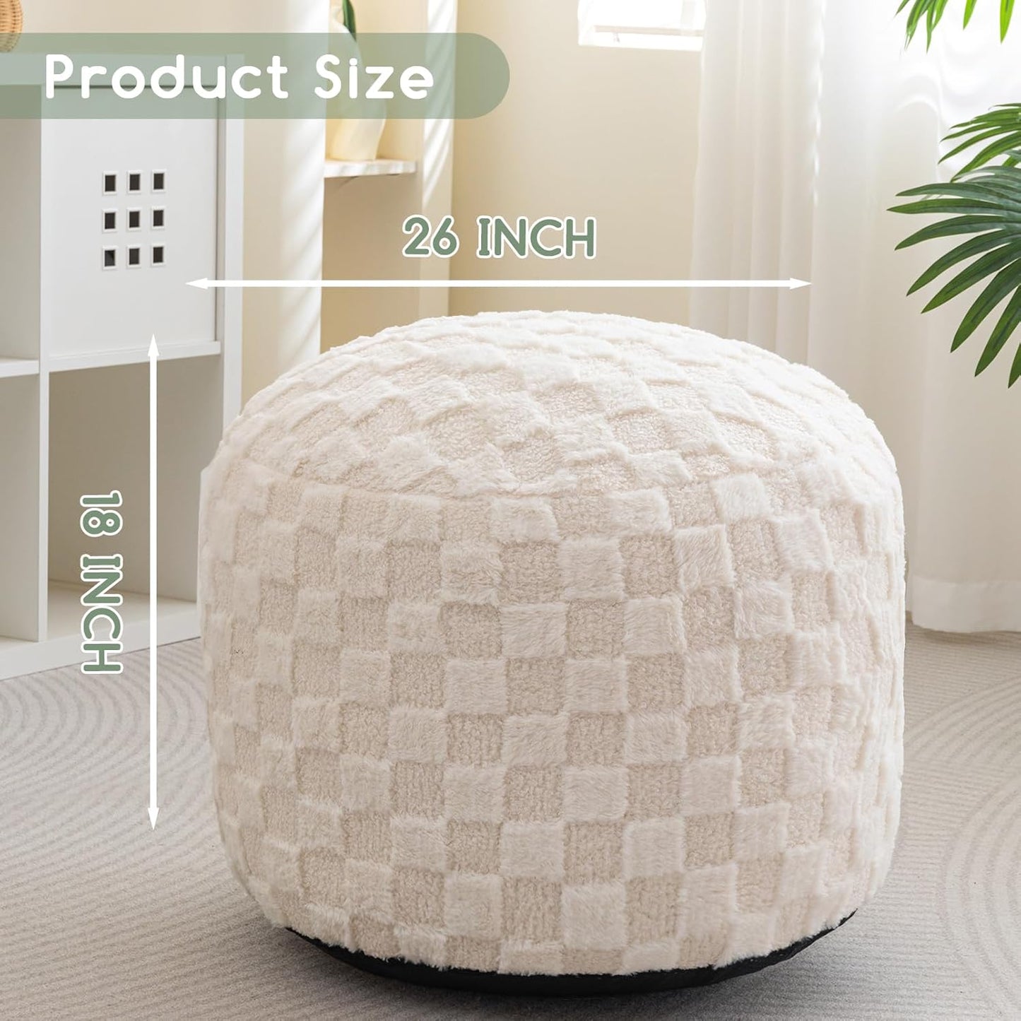 HIGOGOGO Round Stuffed Pouf Ottoman, Plaid Poufs with Foam Chunk Filling, Fluffy and Furry Pouf Foot Stool Storage Ottoman, 26 X 18 Floor Poufs Foot Rest for Living Room, Beige