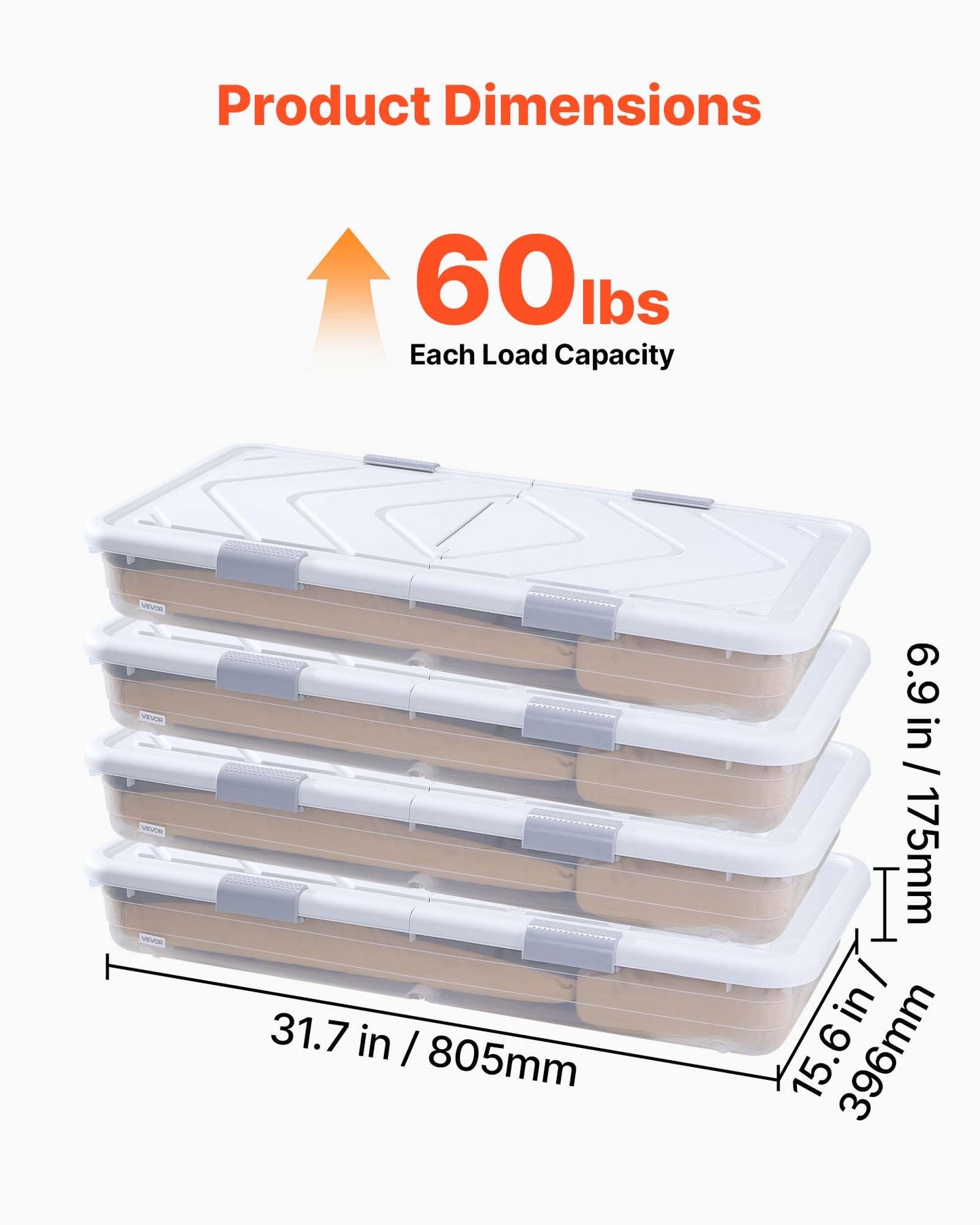 VEVOR Under Bed Storage with Wheels, 31.7 x 15.6 x 6.9 inch Underbed Containers, Underbed Shoes