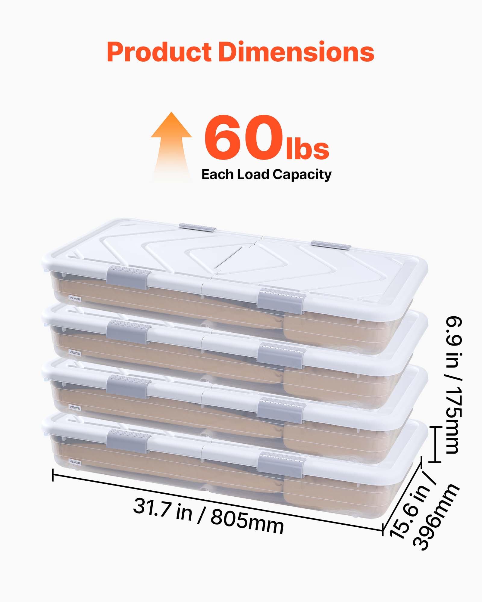VEVOR Under Bed Storage with Wheels, 31.7 x 15.6 x 6.9 inch Underbed Containers, Underbed Shoes