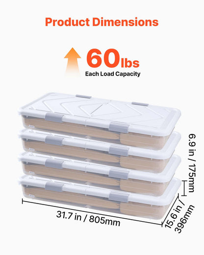 VEVOR Under Bed Storage with Wheels, 31.7 x 15.6 x 6.9 inch Underbed Containers, Underbed Shoes