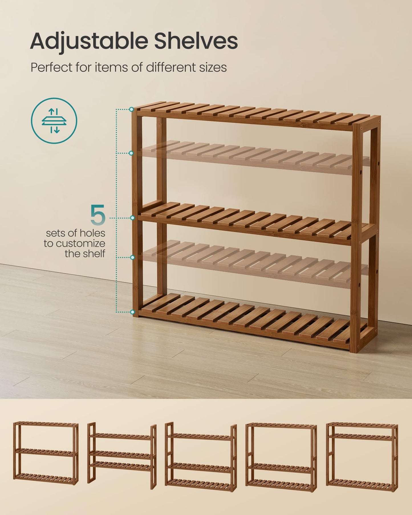 SONGMICS Bamboo Bathroom Shelf, 3-Tier Adjustable Plants Rack, Wall-Mounted or Stand, in The Living