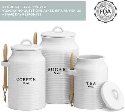 Barnyard Designs Canister Set for Kitchen Counter, Coffee Tea Sugar Container Ceramic Set, Decorative Canisters, Rustic Farmhouse Canister Jars, White (Coffee/Sugar/Tea)