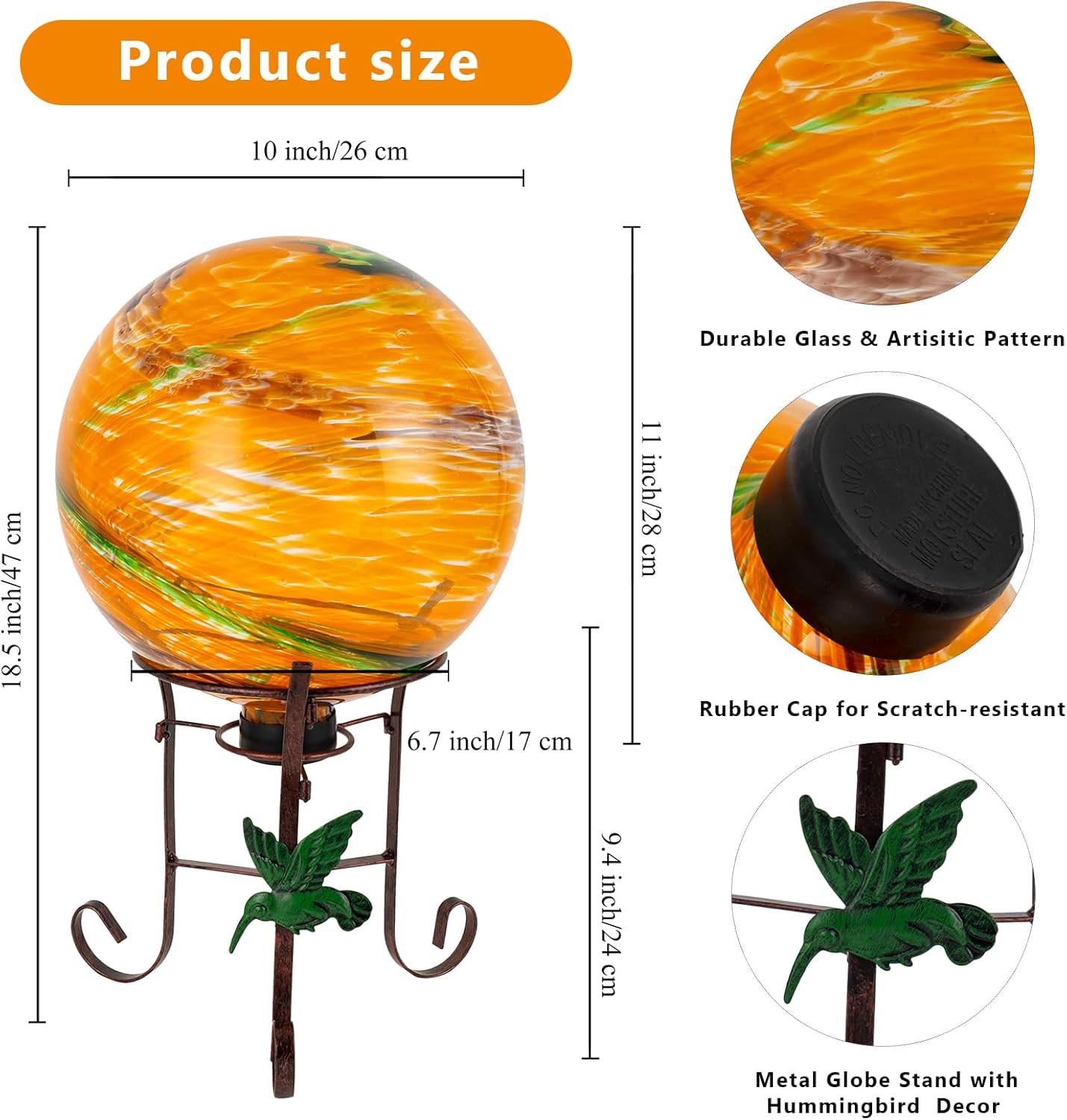 10 Inch Glass Gazing Ball, with 9.4" Tall Metal Gazing Globe Stand, Glass Balls Display Holder Set for Outdoor Garden Lawn Yard Decoration, Sunset Sky