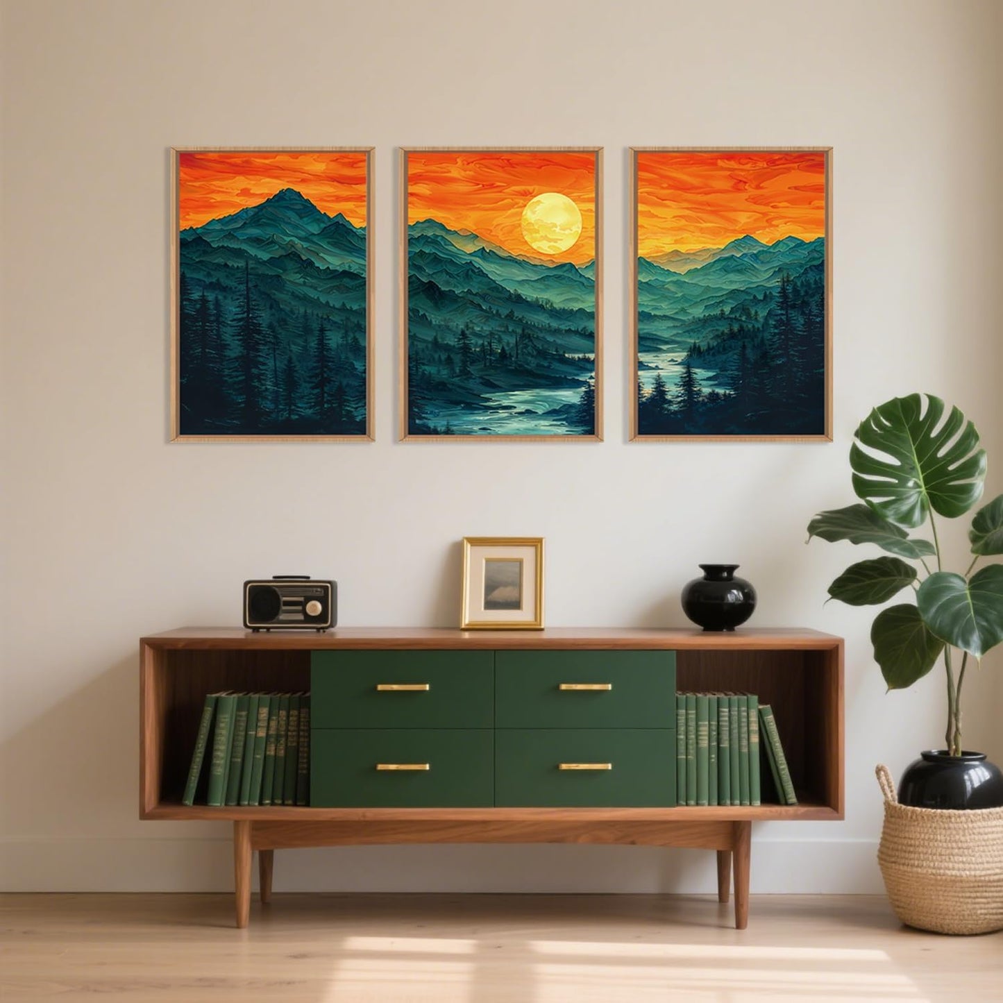 Woodland Mountain Framed Canvas Wall Art Set, Abstract Ridge Wall Painting, Boho Sunset Scenery Wall Decor, Modern Natural Landscape Art Print for Living Room, Bedroom, Office - 16"x24"x3