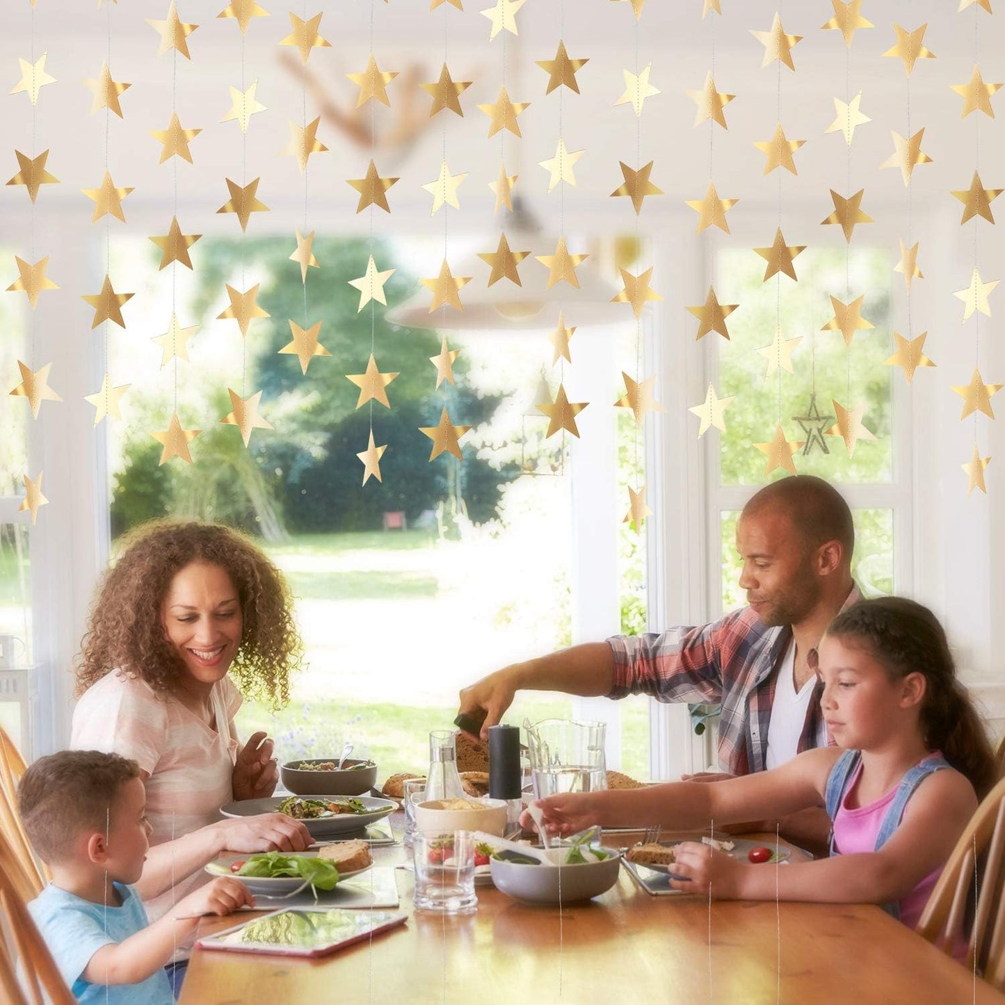 Patelai Glitter Star Garland Banner Decor 130 Feet Star Hanging Bunting Banner Twinkle Backdrop for Homecoming Classroom Wedding Birthday Halloween Christmas Party Supplies(Champagne Gold)