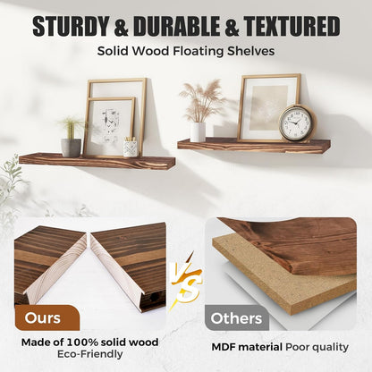 Floating Wall Shelves 2-Pack - Rustic Brown 16-inch Wooden Wall Shelves for Storage and Décor, Multi-Functional and Easy to Install for Living Room, Bedroom, and Kitchen