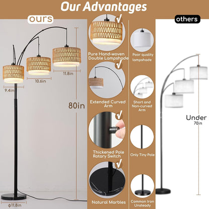 Rattan Floor Lamp for Living Room, 80 Inch Tall Boho Floor Lamp with Rotary Switch, 3 Lights Arc Lamp with Wicker Shade for Coastal,Bohemian,Tree Farmhouse Standing Lamp