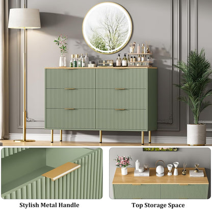 Fluted Wood Dresser 6 Drawers Dresser for Bedroom, Large Modern Chest of Drawers, for Bedroom, Living Room, Hallway, Entryway, Green and Oak