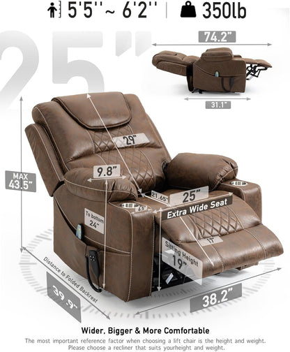 Large Power Lift Chairs Recliners for Elderly with Heated and Massage, Upgraded Dual Motor Lay Flat Recliners, 25in Extra Wide Seat, Cup Holder, Side Pocket…, Brown/Breathing Leather