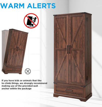 72‘’ Farmhouse Kitchen Pantry Cabinet with Drawer, Tall Storage Cabinet with 2 Barn Doors and Shelves, Versatile Large Rustic for Dining Room, Bathroom, Living Room, Laudry, Brown
