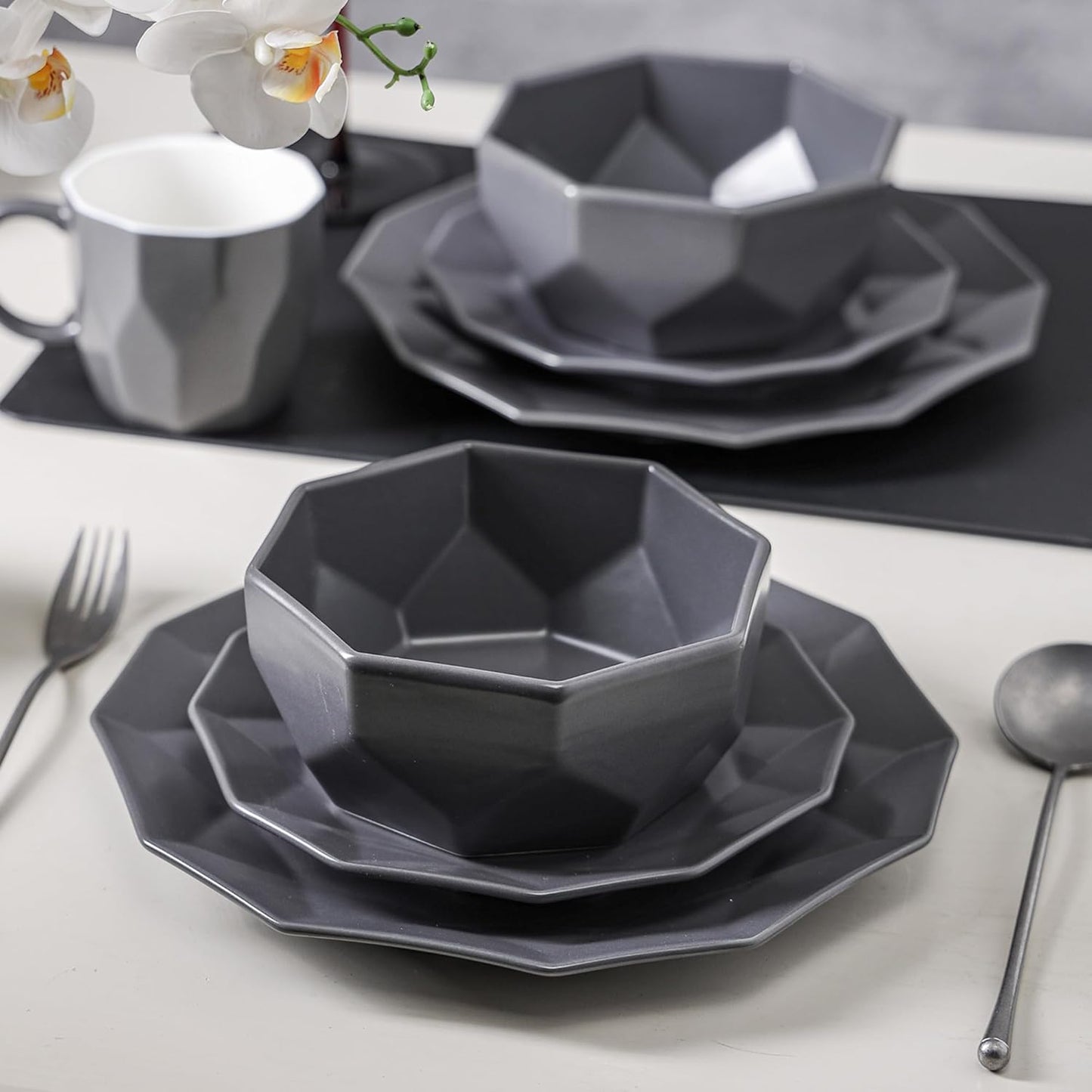 Stone + Lain Jamie Porcelain 32-Piece Geometric Dinnerware Set, Grey