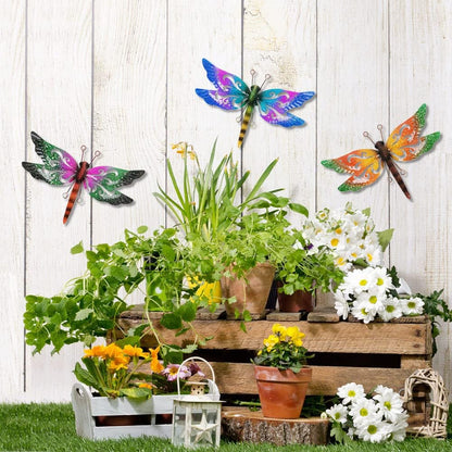 Metal Dragonfly Wall Decor, 3 Pack Colorful Dragonfly Outdoor Decor, Metal Outdoor Wall Art for Garden, Patio, Yard, Fence, Outside