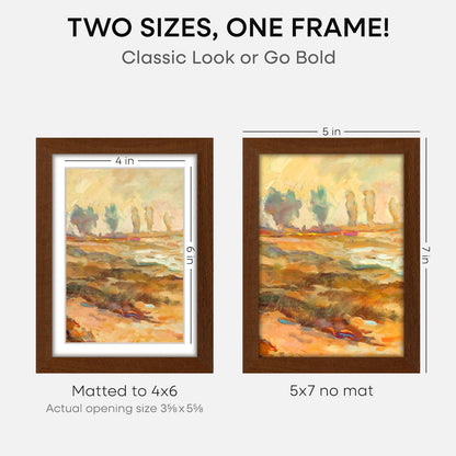 Homeforia 5x7 Brown Picture Frame, High End Dark Oak 5x7 Wooden Frames with Mat 4x6 Photo, 5 x 7 Walnut Wood Frame Matted to 4 x 6 Print, 7x5 Wall or Tabletop Frame, Tempered Glass, Wall Kit, Set of 1