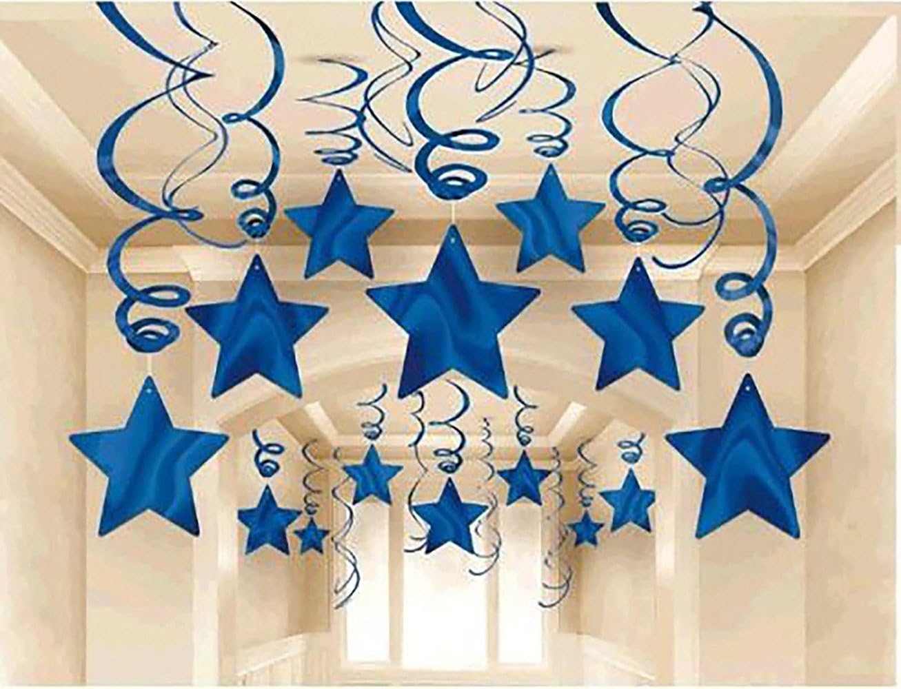 Party Swirl Decorations, Hanging Swirl for Ceiling Decorations, Blue with Star, Pack of 30