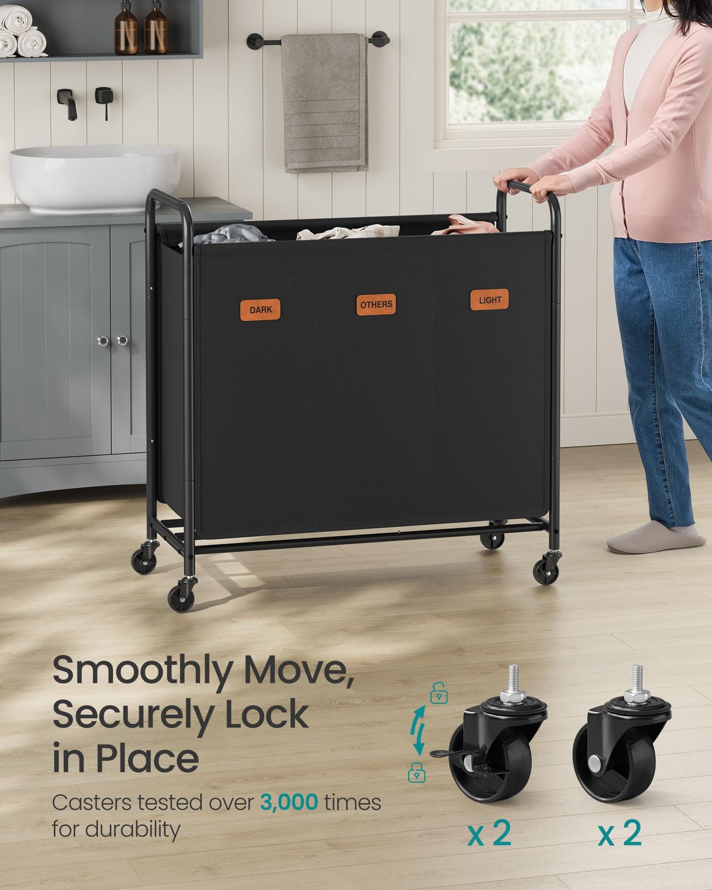 SONGMICS 3-Section Laundry Sorter, Laundry Hamper with Wheels, Rolling Clothes Hamper Cart with