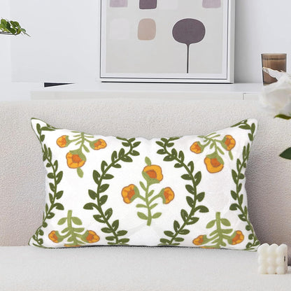 Alysheer Flower Embroidered Summer Decorative Lumbar Throw Pillow Cover 12"x 20", Farmhouse Cottage Orange Floral Green Leaves Patterned Cotton Canvas Cushion Case for Sofa Couch Bed Living Room