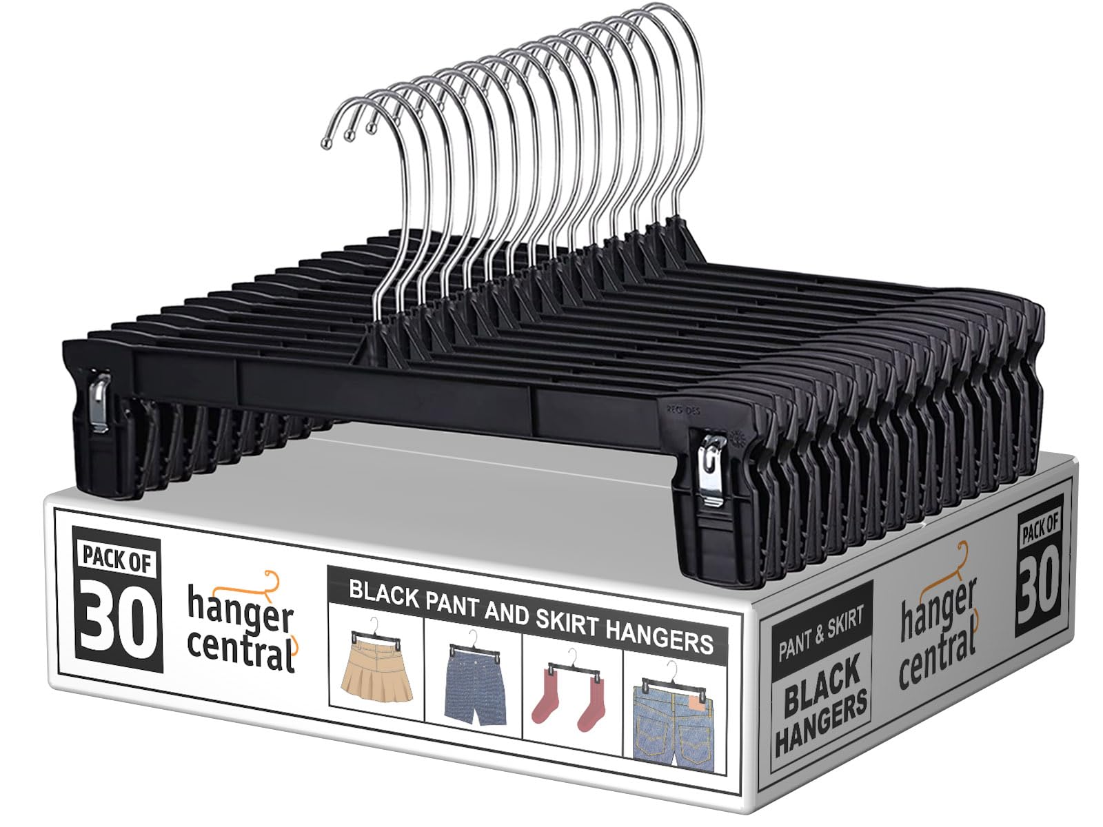 Hanger Central 12 inch 30 Pack Pants Hangers Slim Plastic Clothes Hangers with Clips for Skirts