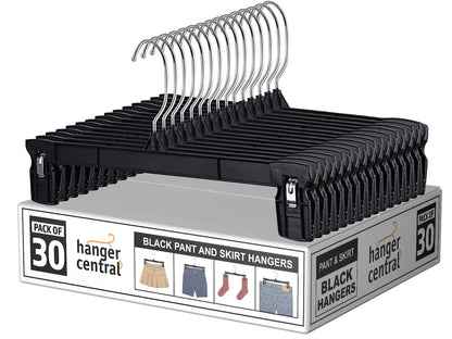Hanger Central 12 inch 30 Pack Pants Hangers Slim Plastic Clothes Hangers with Clips for Skirts