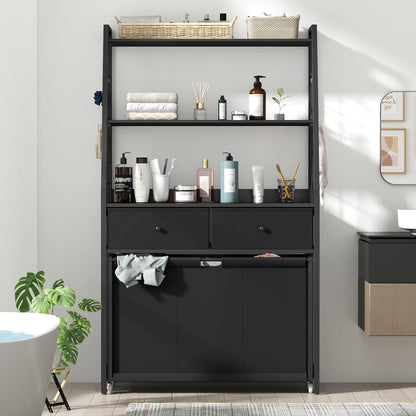 Laundry Hamper Laundry Basket with 3 Section Pull-Out Rolling Bags & 2-Tier Storage Shelf, Laundry Sorter for Organization and Storage with 2 Drawers for Laundry Room, Bathroom