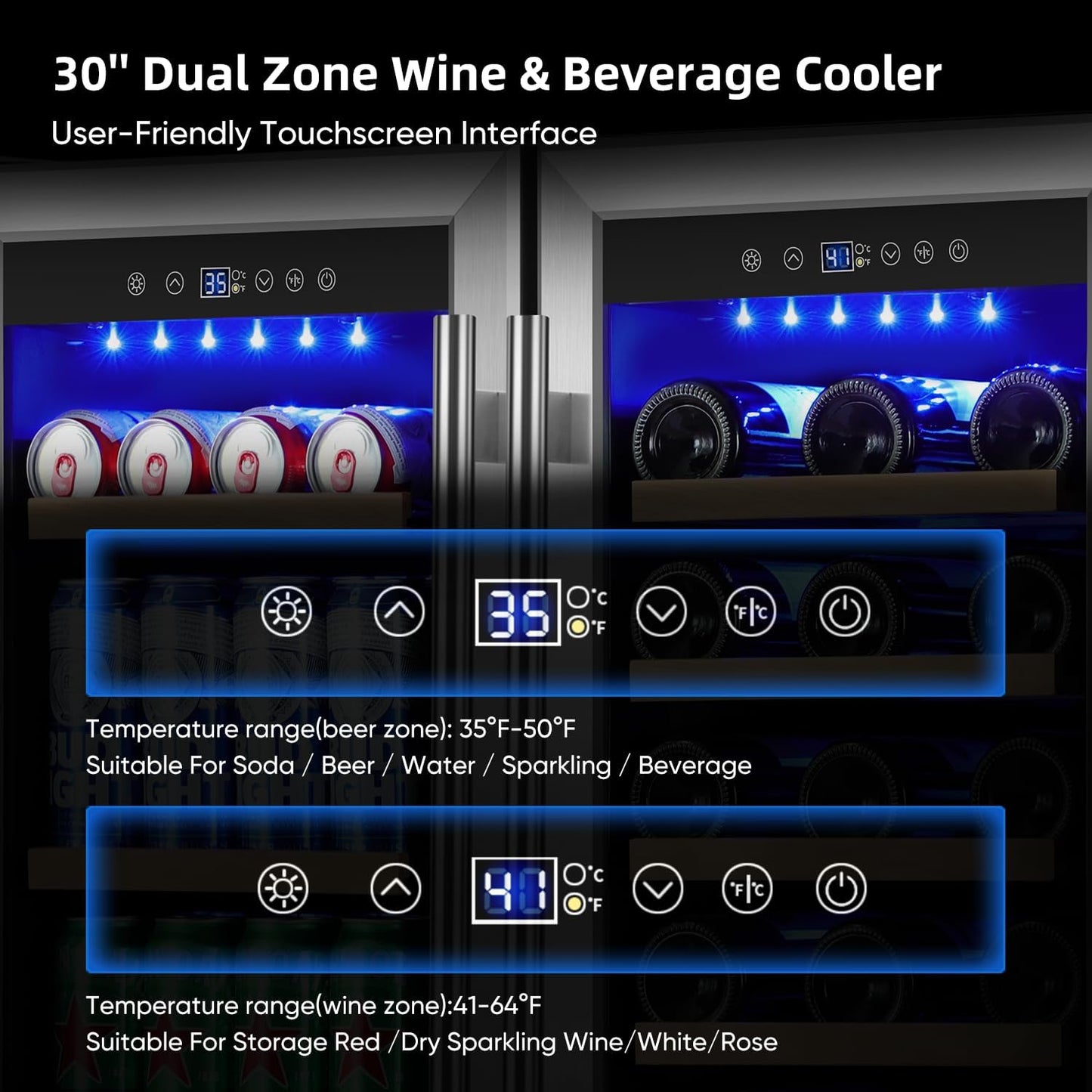 Wine and Beverage Refrigerator 30 Inch, Beverage Fridge Dual Zone with Upgraded Cooling, Wine Beverage Cooler Built-in or Freestanding, 30 Bottles and 110 Cans Large Capacity