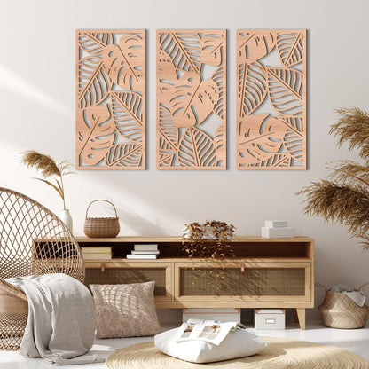 IARTTOP Leaf Wood Tropical Wall Art 15.9X32 Inch Carved Palm Leaves Wall Decor Coastal Monstera Plant Wall Sculptures for Living room Bedroom Set of 3