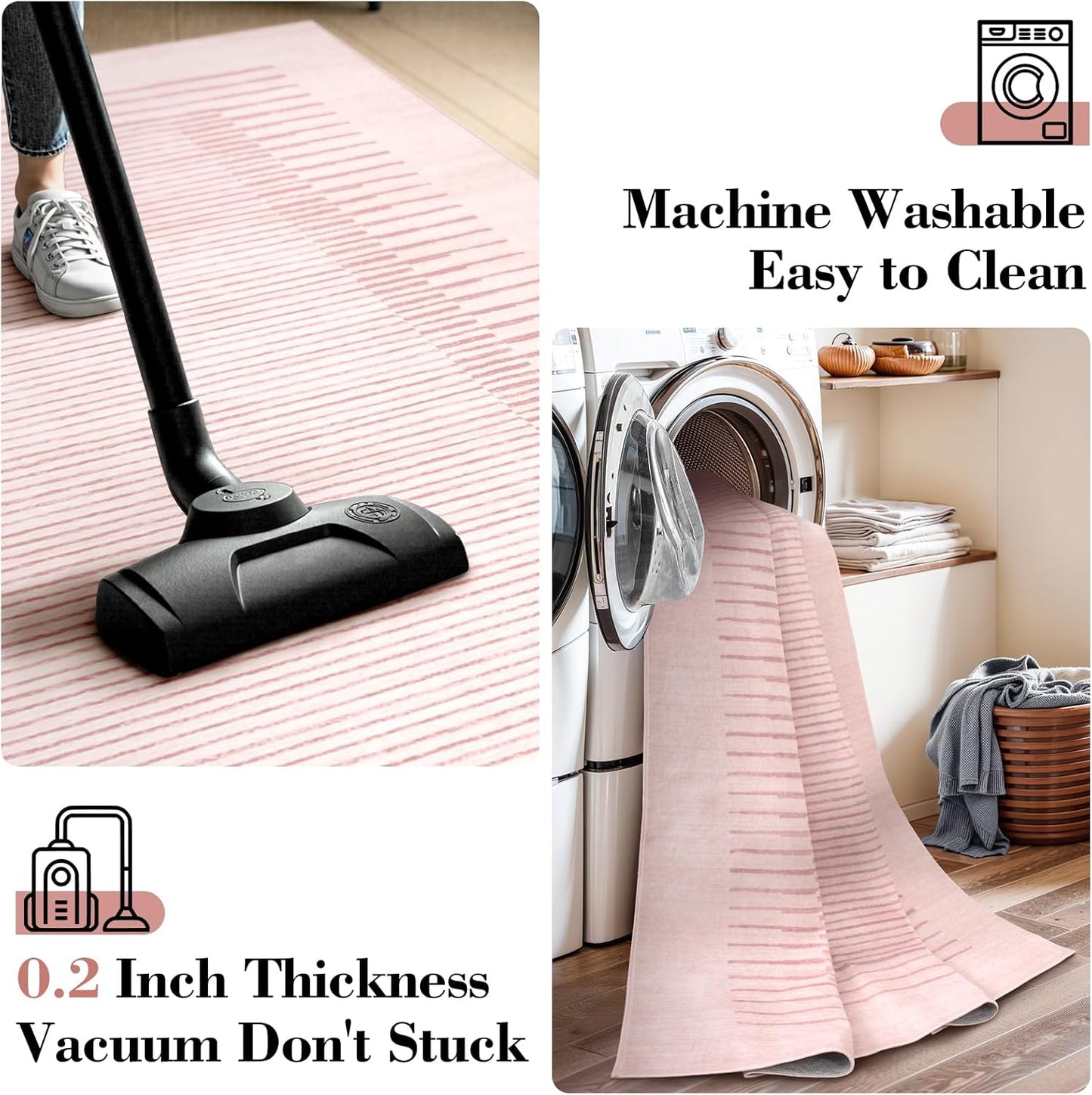 Wonnitar Washable Pink Striped Rug for Bedroom 8x10, Non-Slip Living Room Area Rug, Minimalist Berber Stripe Area Rug, Soft Floor Carpet for Nursery Playroom Closet (Pink, 8' x 10')