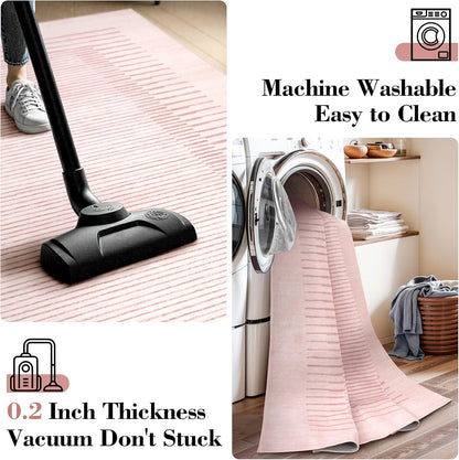 Wonnitar Washable Pink Striped Rug for Bedroom 8x10, Non-Slip Living Room Area Rug, Minimalist Berber Stripe Area Rug, Soft Floor Carpet for Nursery Playroom Closet (Pink, 8' x 10')