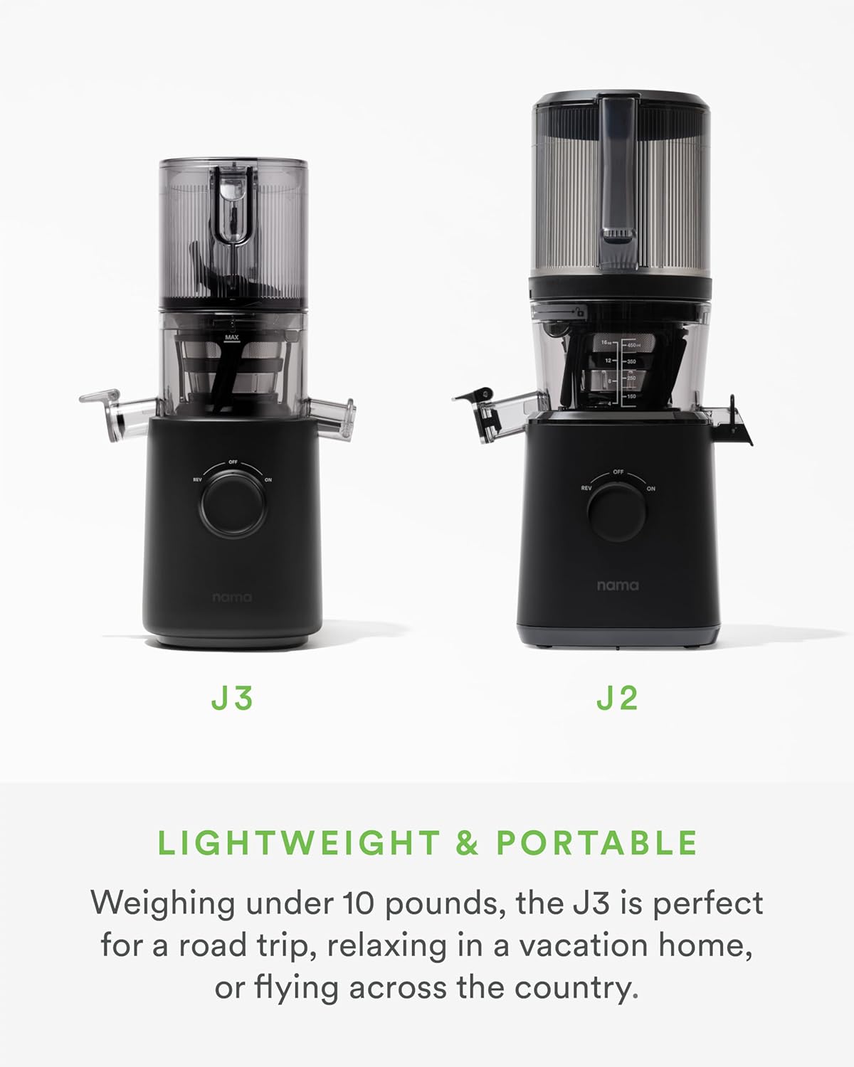 Nama J3 Compact Cold Press Juicer – Space Saving & Self Feeding for Hands-Free Operation – Lightweight, Portable Zero Waste Slow Masticating Juicer – Easy Cleanup & Assembly - Black