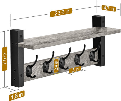 Sorbus Coat Hooks Wall Mount with Shelf – 24 Inch Coat Rack Wall Mount with 5 Heavy Duty Hooks – Floating Wall Shelf with Hooks for Entryway, Bathroom, Bedroom, Kitchen, or Mudroom (Gray)