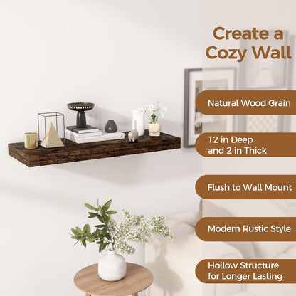 30 Inch Floating Shelves, 12 Inch Deep Floating Shelf for Wall, Rustic Deep Shelves for Books, Bathroom, Living Room, Kitchen, 30 x 12 x 2 Wood Floating Shelves, Rustic Brown Color, Set of 2