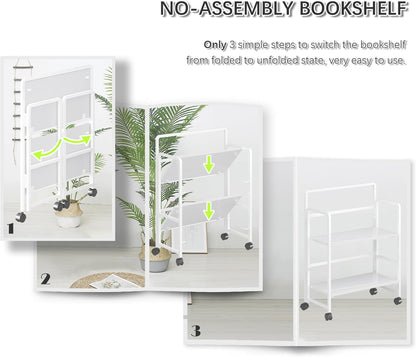 4NM 2 Tiers No-Assembly Folding Bookshelf with Wheels, Portable Rolling Storage Bookcase & Compact Side Table for Living Room, Bedroom, Kitchen, Bathroom (All White)