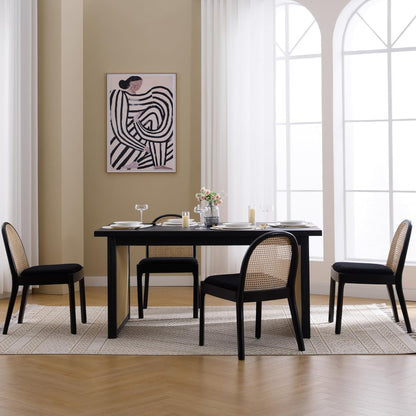 Mid Century Dining Chairs Set of 4, Accent Rattan Sherpa Fabric Side Chairs Kitchen Chair with Solid Wooden Legs for Living Room Dining Room, Black