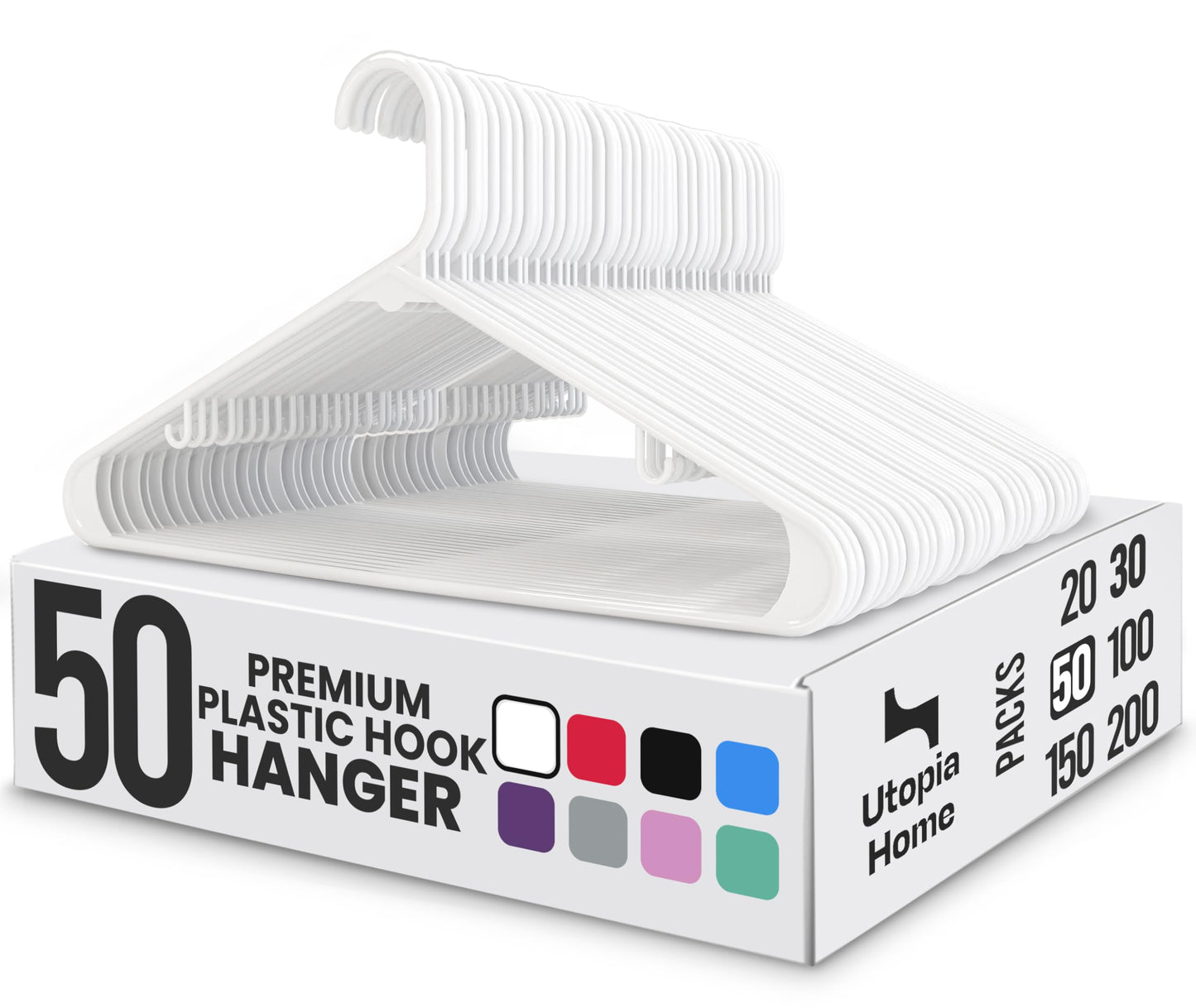 Utopia Home Plastic Hangers 50 Pack – Built-in Strap Hooks White