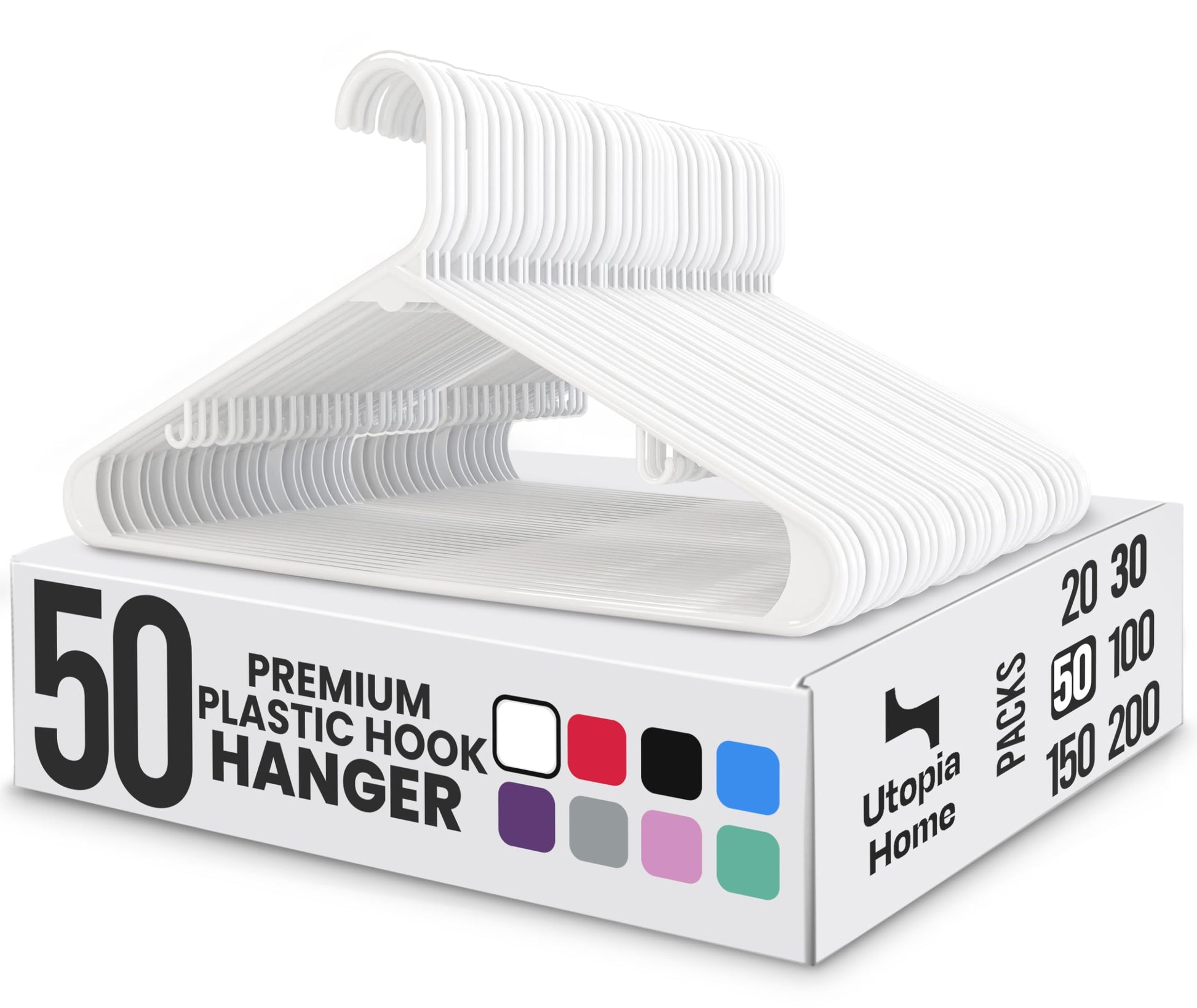 Utopia Home Plastic Hangers 50 Pack – Built-in Strap Hooks White