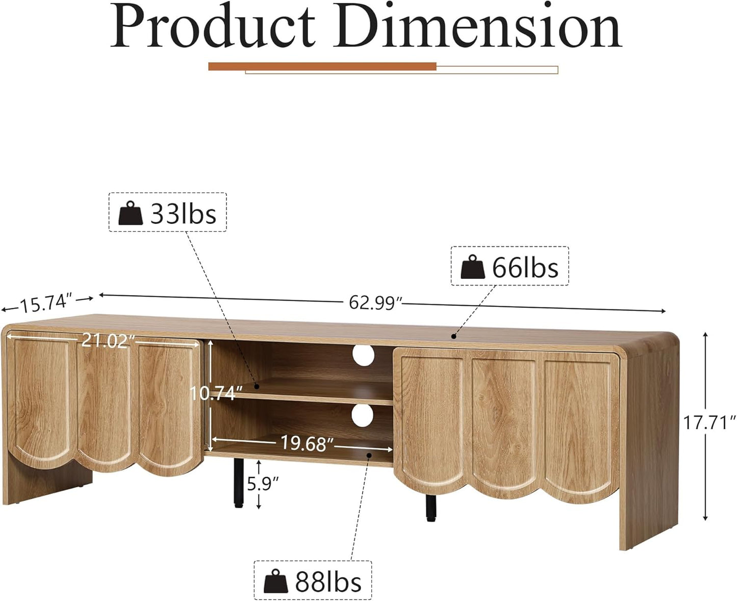 ORRD 63'' TV Stand, Modern TV Console Table Wave Panel Television Stands Entertainment Media Center with Storage Compartment and Sliding Door for Living Room (Natural)