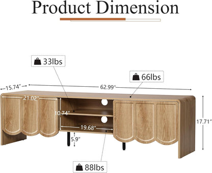 ORRD 63'' TV Stand, Modern TV Console Table Wave Panel Television Stands Entertainment Media Center with Storage Compartment and Sliding Door for Living Room (Natural)