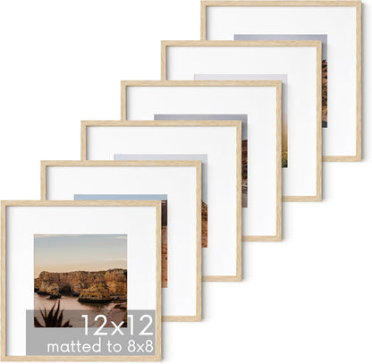 HAUS AND HUES Solid Oak Wood 12”x12” Picture Frames Matted to 8”x8” Set of 6 - Photo Gallery Wall Frames 12x12, Wood Picture Frames with Mat, 12x12 Gallery Wall Set (Beige Oak Frames)