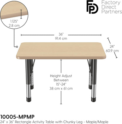FDP Rectangle Activity School and Classroom Kids Table (24 x 36 inch), Chunky Toddler Leg, Adjustable Height 15-24 inches - Maple Top and Maple Edge