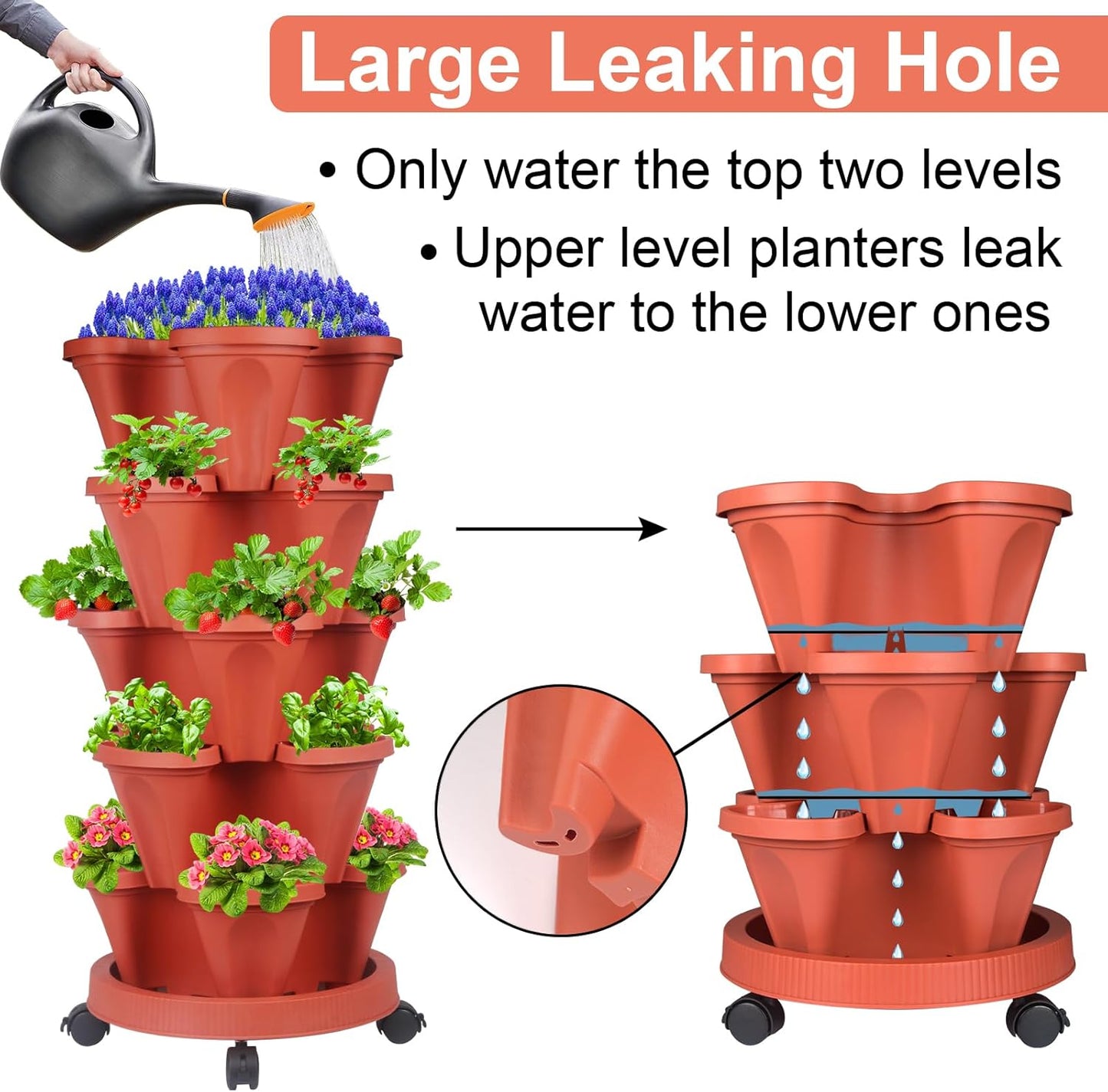 DUNCHATY Stackable Planters 5 Tier Vertical Garden Planting Tower Planters Strawberry, Herb, Flower, and Vegetable Planter Indoor Outdoor Gardening Pots with Removable Wheels and Tools, 2 Bundle