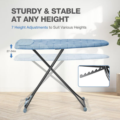 APEXCHASER Ironing Board with Iron Rest, Compact and Space Saver Iron Board, Extra Thick Cover, Height Adjustable, Wall Mount & Closet Hanger 13x43 Blue