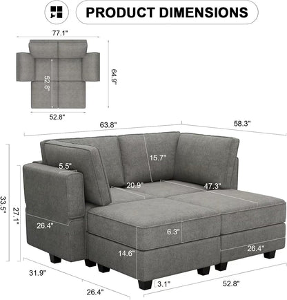 Bellfin Modular Sectional Sleeper Sofa Convertible Sofas with Storage Ottomans Small Sectional Couches for Living Room. Light Grey Couch