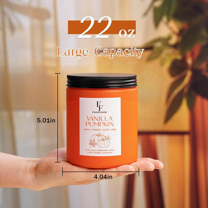Large Fall Candle Vanilla Pumpkin Scented, 3-Wick 22oz Long Lasting Scented Candle, Natural Soy Wax Aromatherapy Candle for Home, Autumn Candle Gifts for Women Men